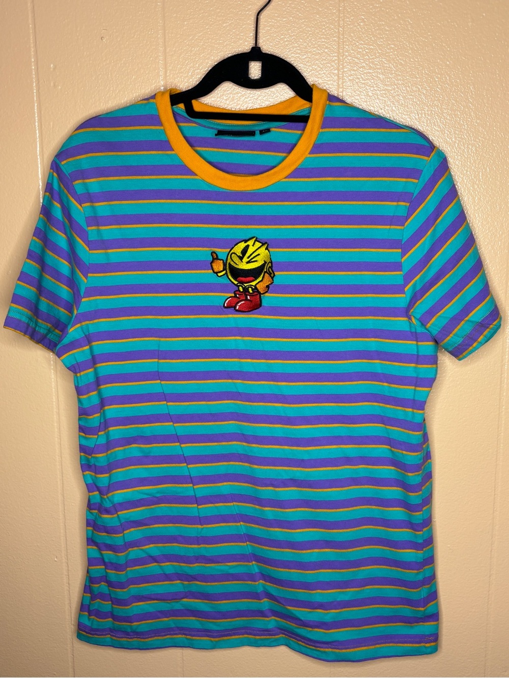 Men's Blue & Green Striped Short Sleeve Crewneck Tee with Yellow Trim